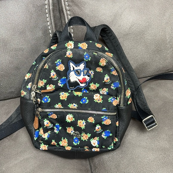 Coach Charlie Wolf Mini Nylon Black Floral Backpack - Picture 1 of 7